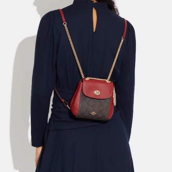 Coach Handbags - Coach Convertible Mini Backpack In Signature Canvas -Brown, Red & Gold - Reemoly